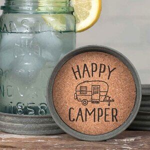 Set of Four Mason Jar Lid Coasters - Happy Camper Rustic Country Farmhouse Home